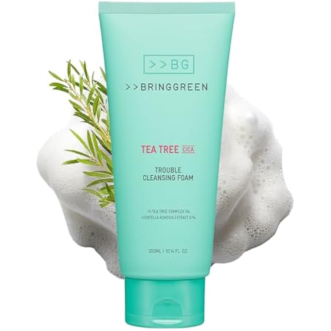 BRING GREEN رغوة تنظيف شجرة الشاي سيكا | منظف لطيف للتقشير، يزيل الرؤوس السوداء، الرؤوس البيضاء، بقايا الوجه، للبشرة المتهيجة، الحساسة (10.1 أونصة سائلة، 300 مل) - Image 1